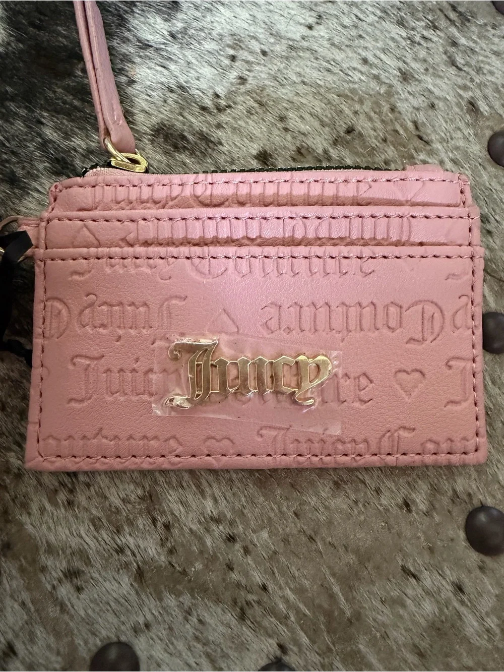 Juicy Couture Pink Card Holder with Fluffy Pom and Gold Hardware